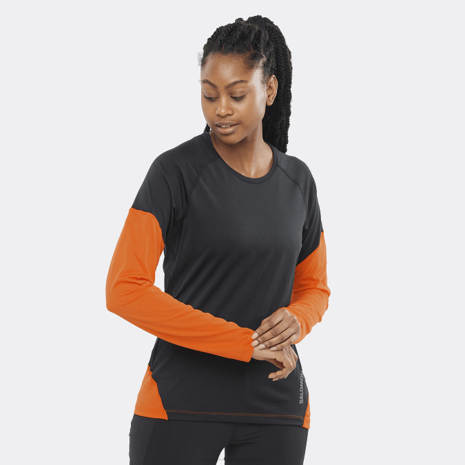 Women's Long Sleeve T-Shirt - Cross Run V42L919 Salomon Deep Black/Scarlet Ibis/Nocturne - Salomon Australia