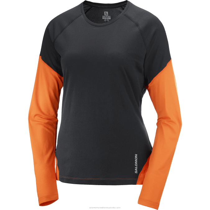 Women\'s Long Sleeve T-Shirt - Cross Run V42L919 Salomon Deep Black/Scarlet Ibis/Nocturne - Salomon Australia