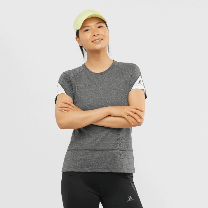 Women's Short Sleeve T-Shirt - Cross Run Graphic V42L892 Salomon Black/Heather/White - Salomon Australia